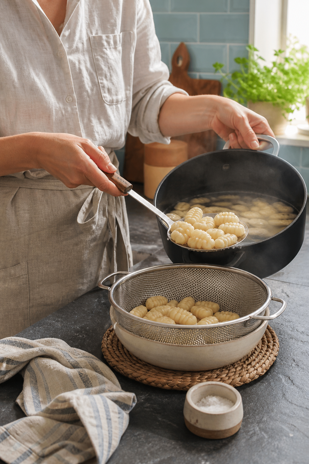 Preparing summer skillet gnocchi in the reserved kitchen scene