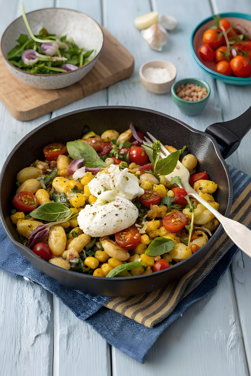 Close view of finished summer skillet gnocchi