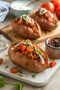 Taco stuffed sweet potatoes filled with turkey and black beans