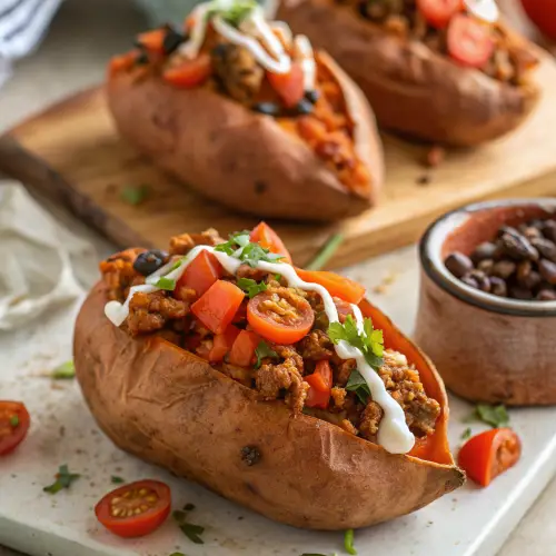 Taco stuffed sweet potatoes filled with turkey and black beans