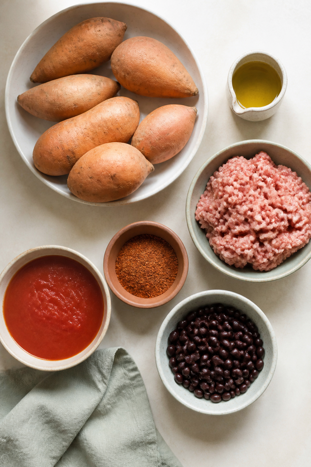 Taco stuffed sweet potatoes ingredients arranged on a kitchen counter