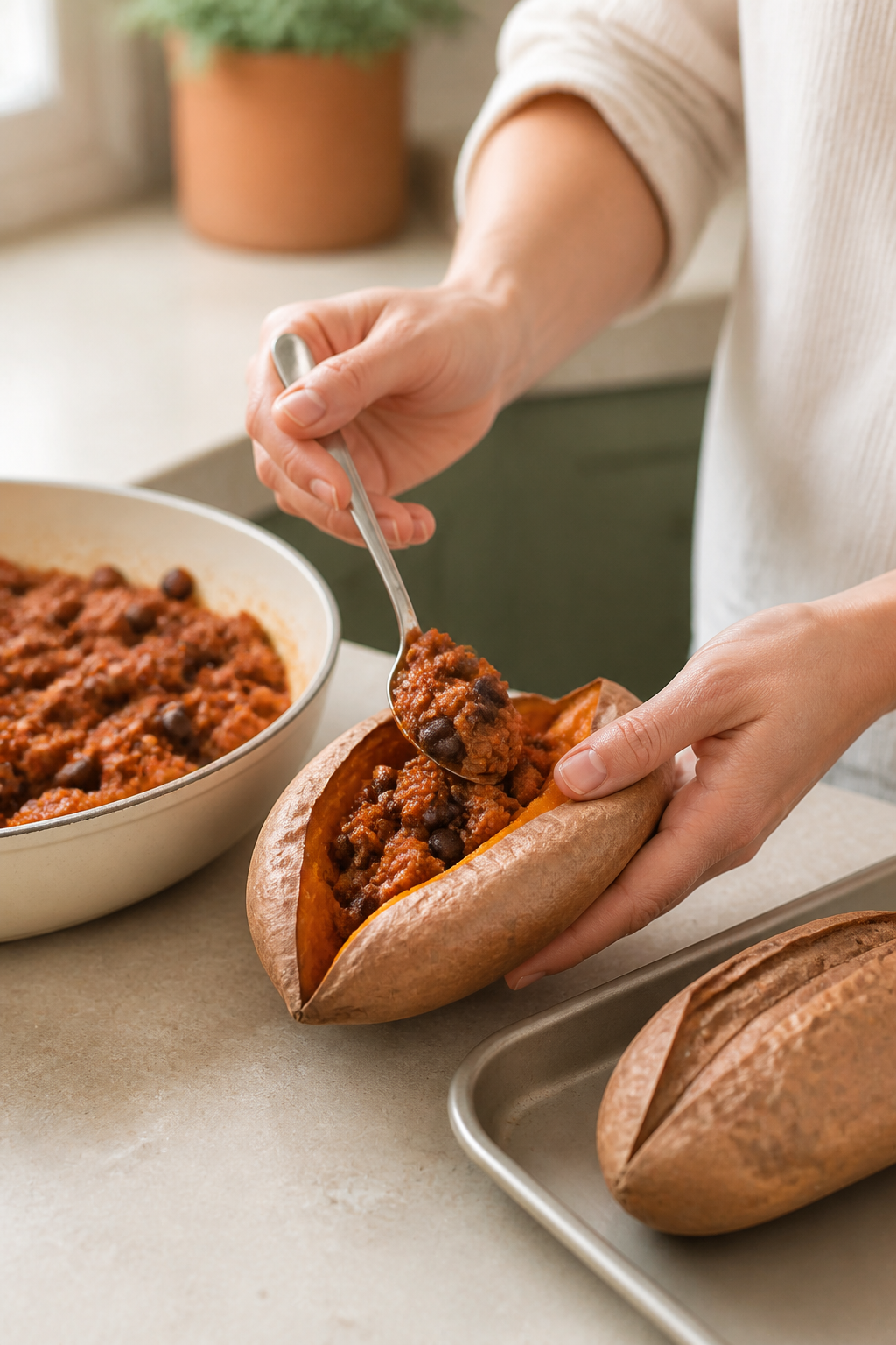 Cooked sweet potatoes being filled with turkey and black bean mixture