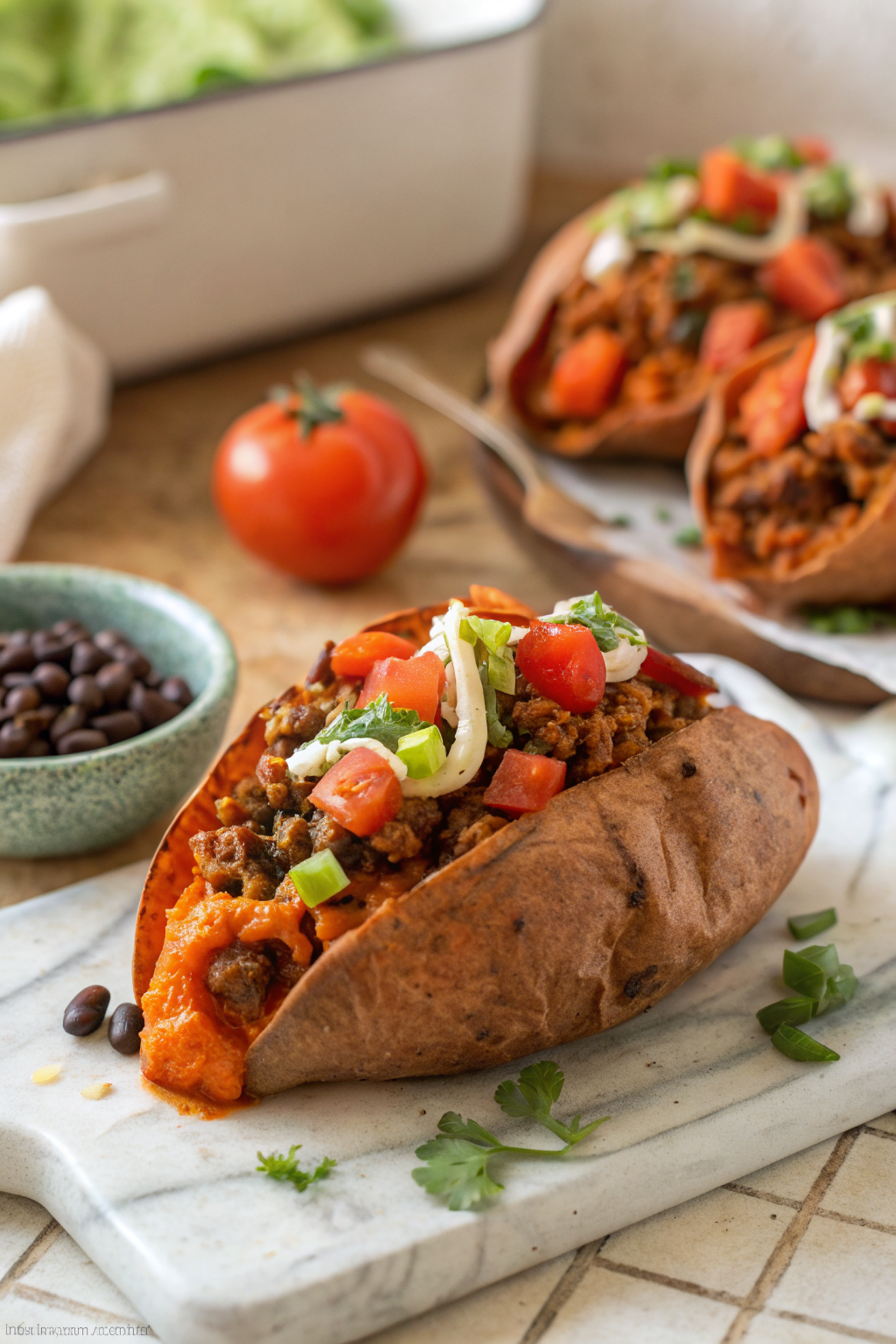 Taco stuffed sweet potato showing the savory turkey and bean filling
