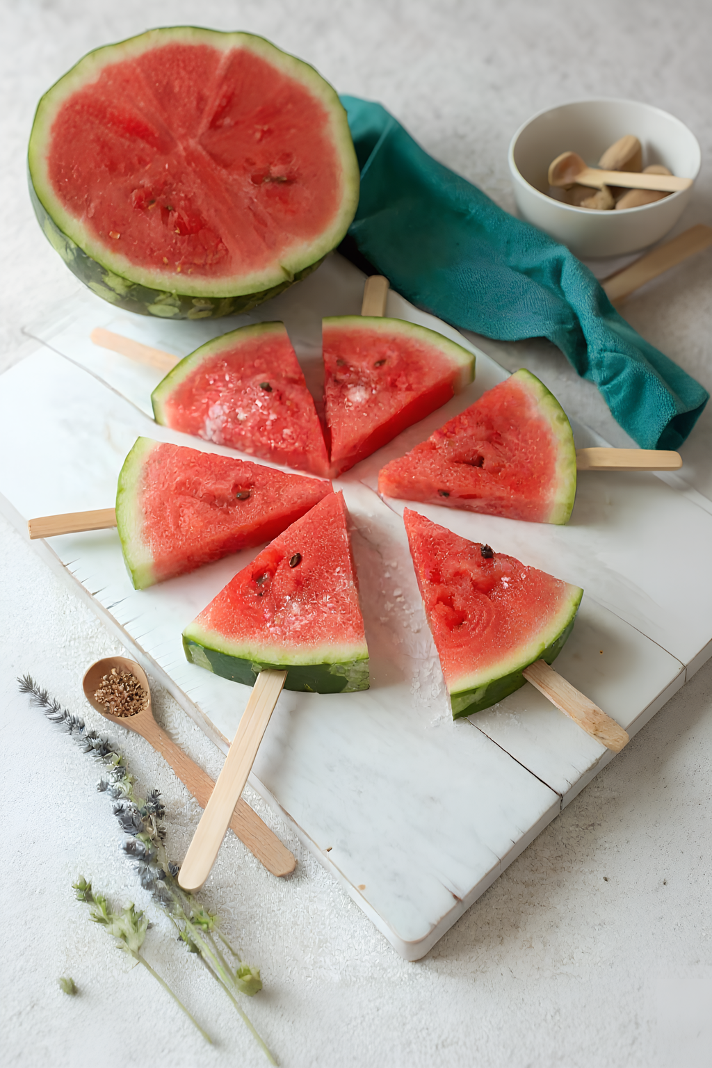 Frozen watermelon pops on wooden sticks