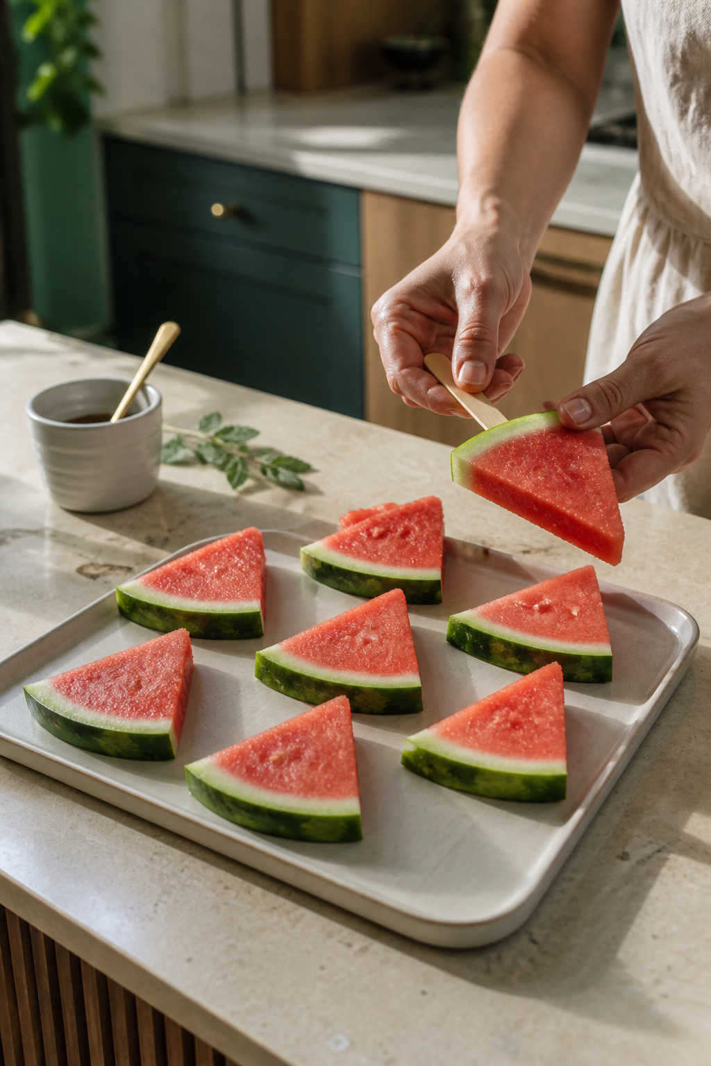 Sticks inserted into watermelon triangles