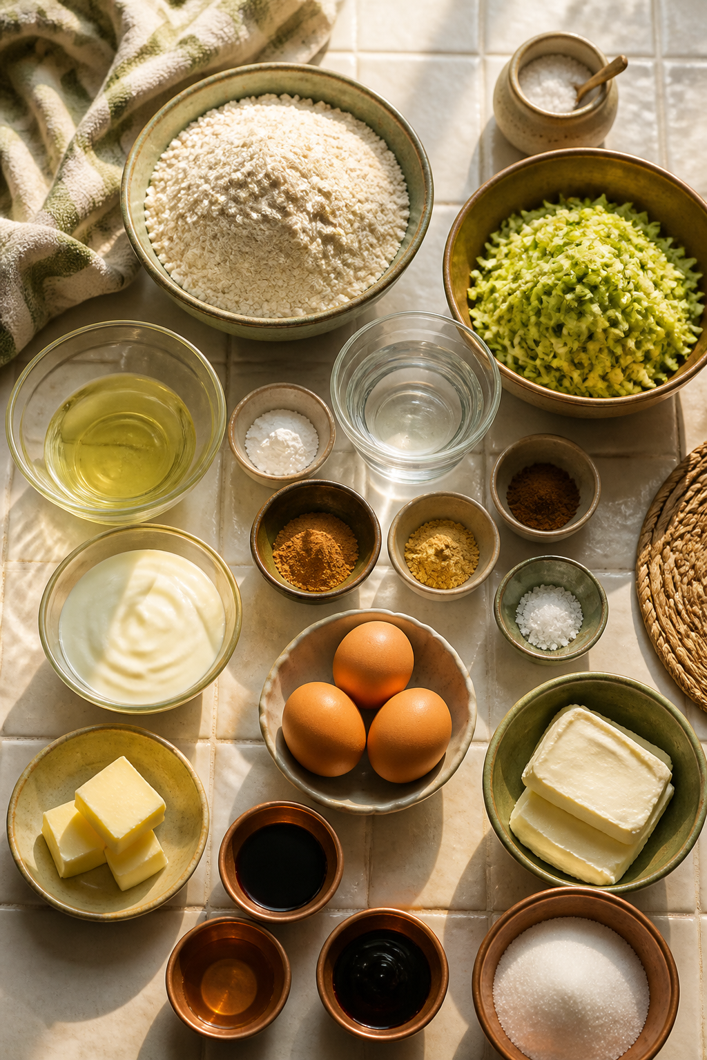 Zucchini spice cake ingredients on an ivory tile counter