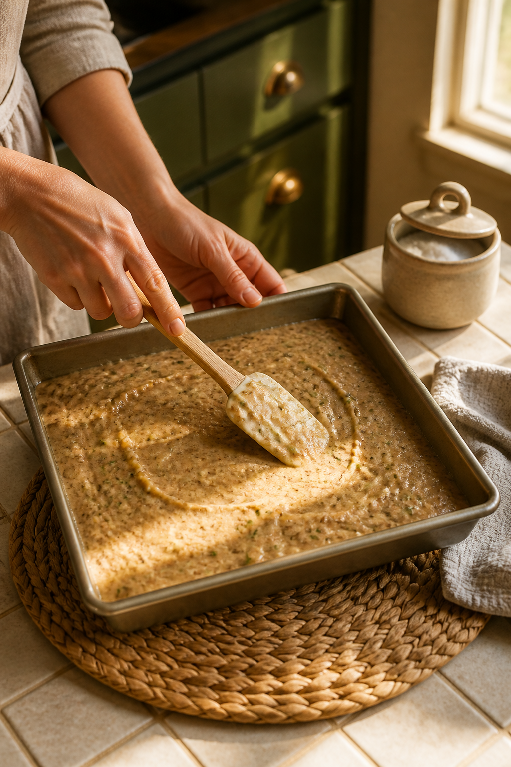 Zucchini spice cake batter being spread in a pan