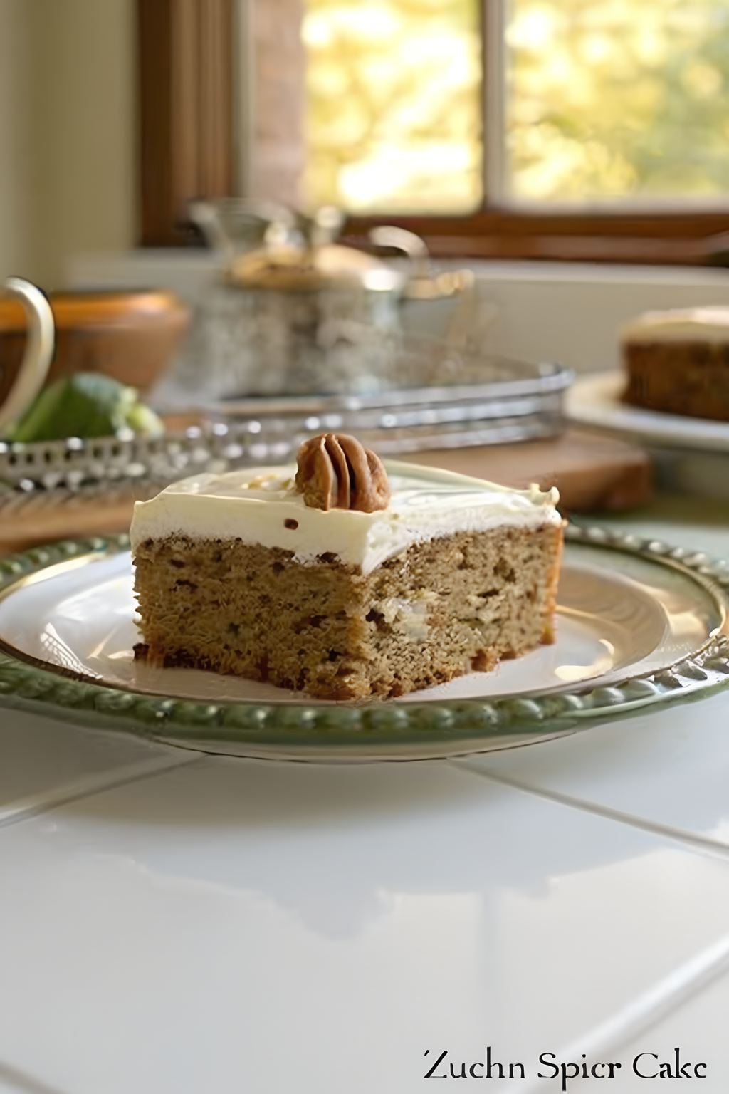 Slice of frosted zucchini spice cake