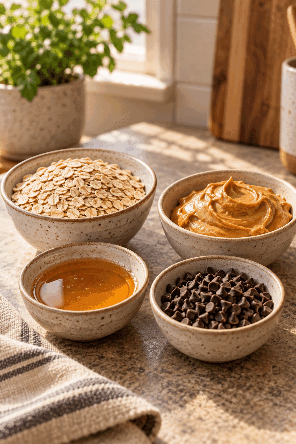 ingredients for 4 ingredient energy oatmeal balls measured in bowls