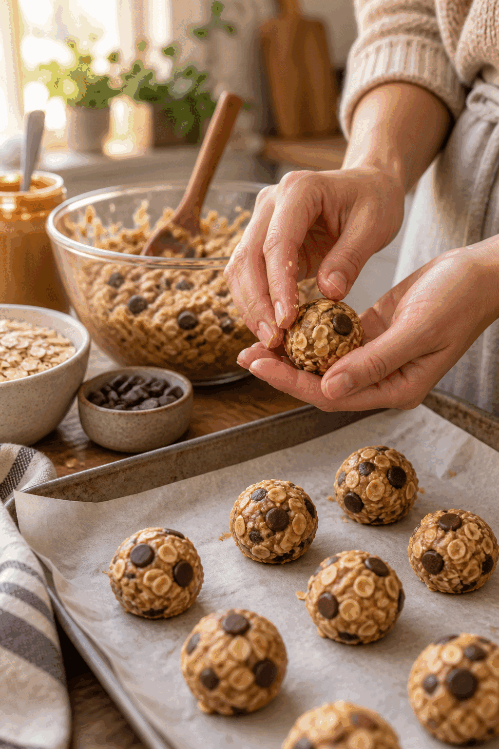 rolling 4 ingredient energy oatmeal balls by hand