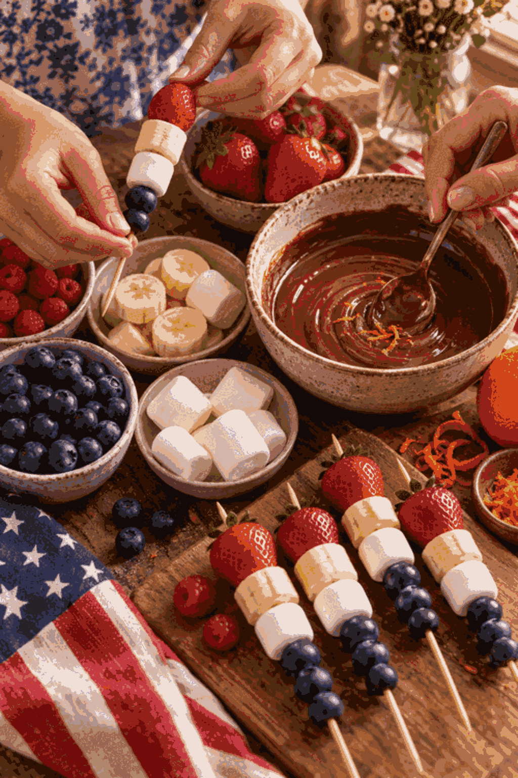 Assembling 4th july fruit skewers