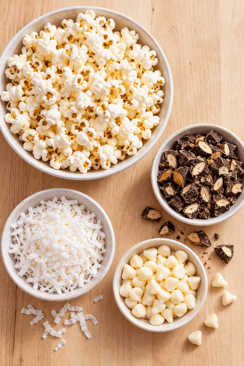 Ingredients for almond joy popcorn arranged for preparation