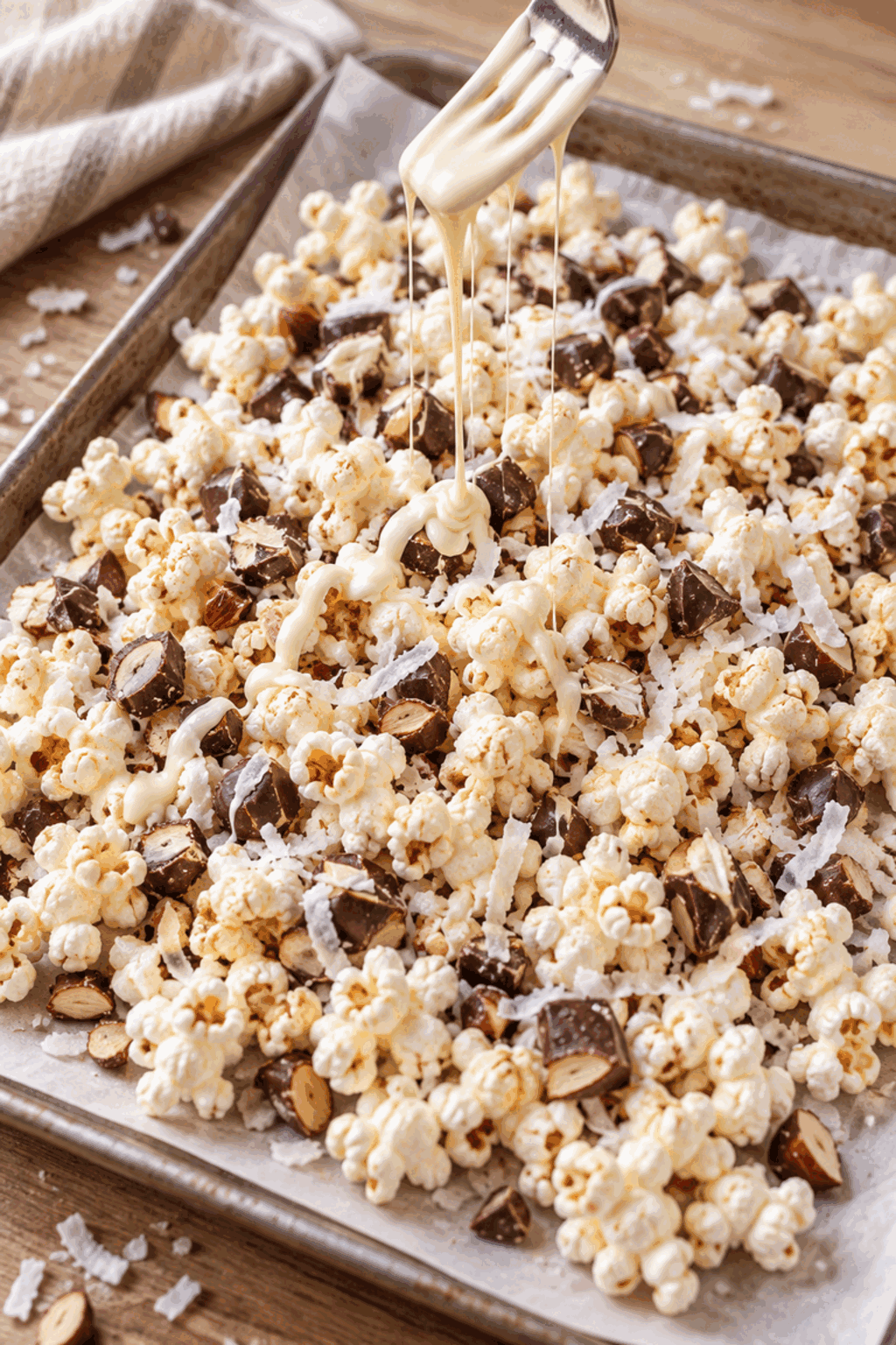 White chocolate being drizzled over almond joy popcorn