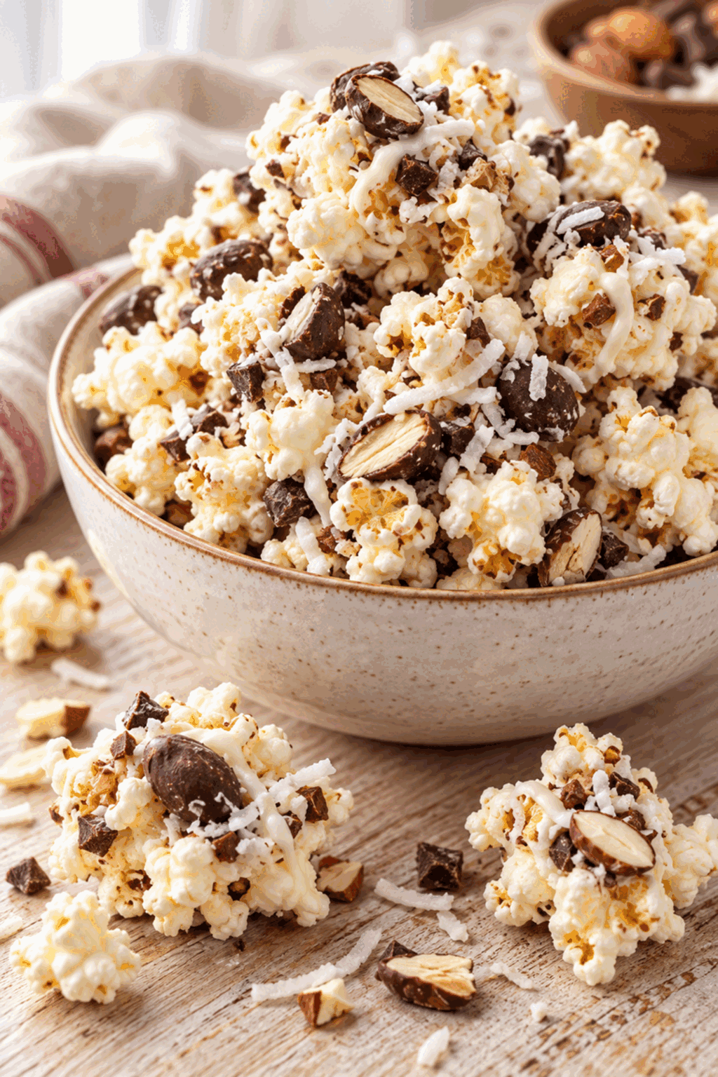 Finished almond joy popcorn clusters ready to serve