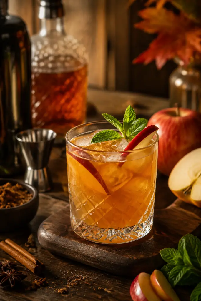 apple cider bourbon smash finished and ready to serve