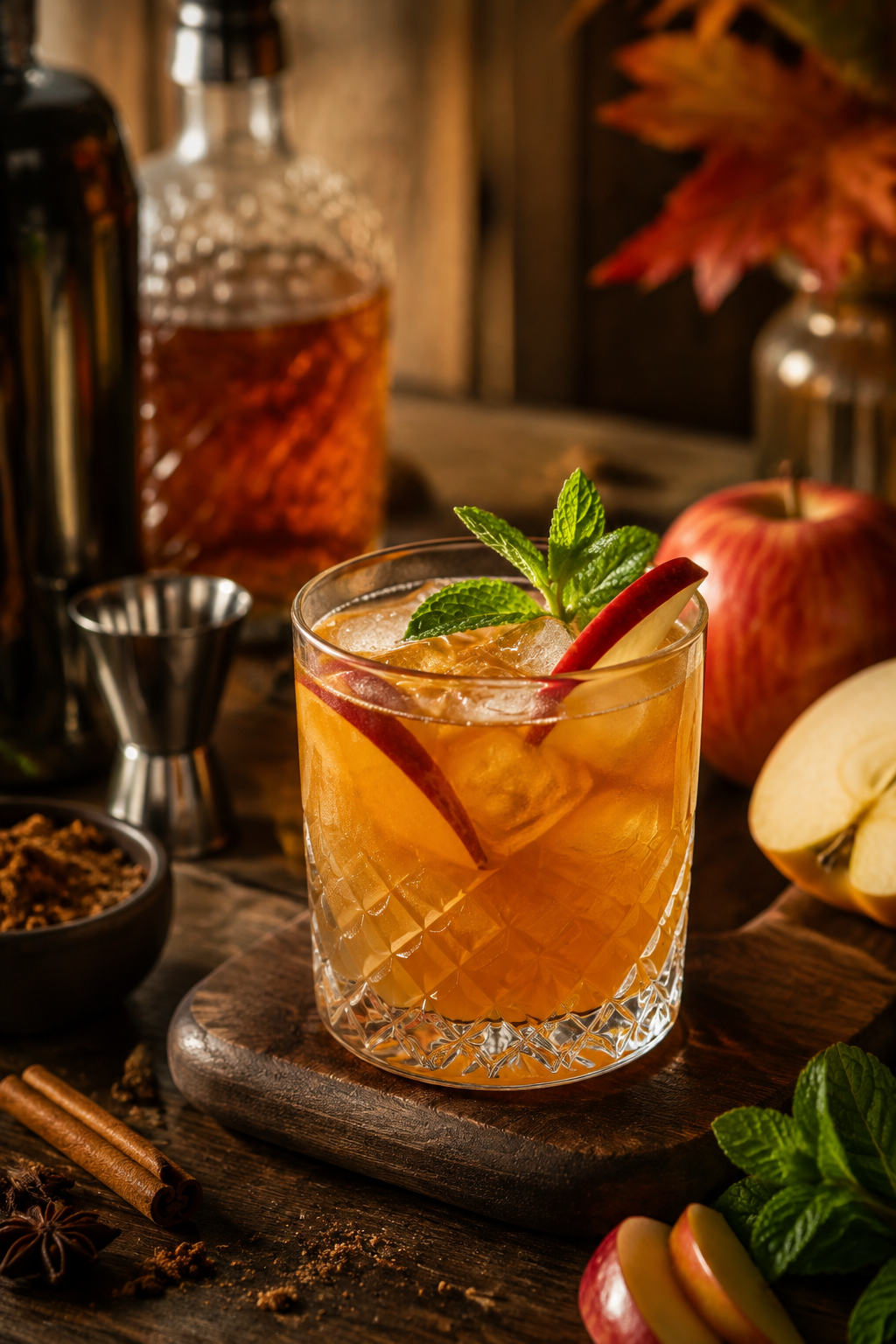 apple cider bourbon smash finished and ready to serve