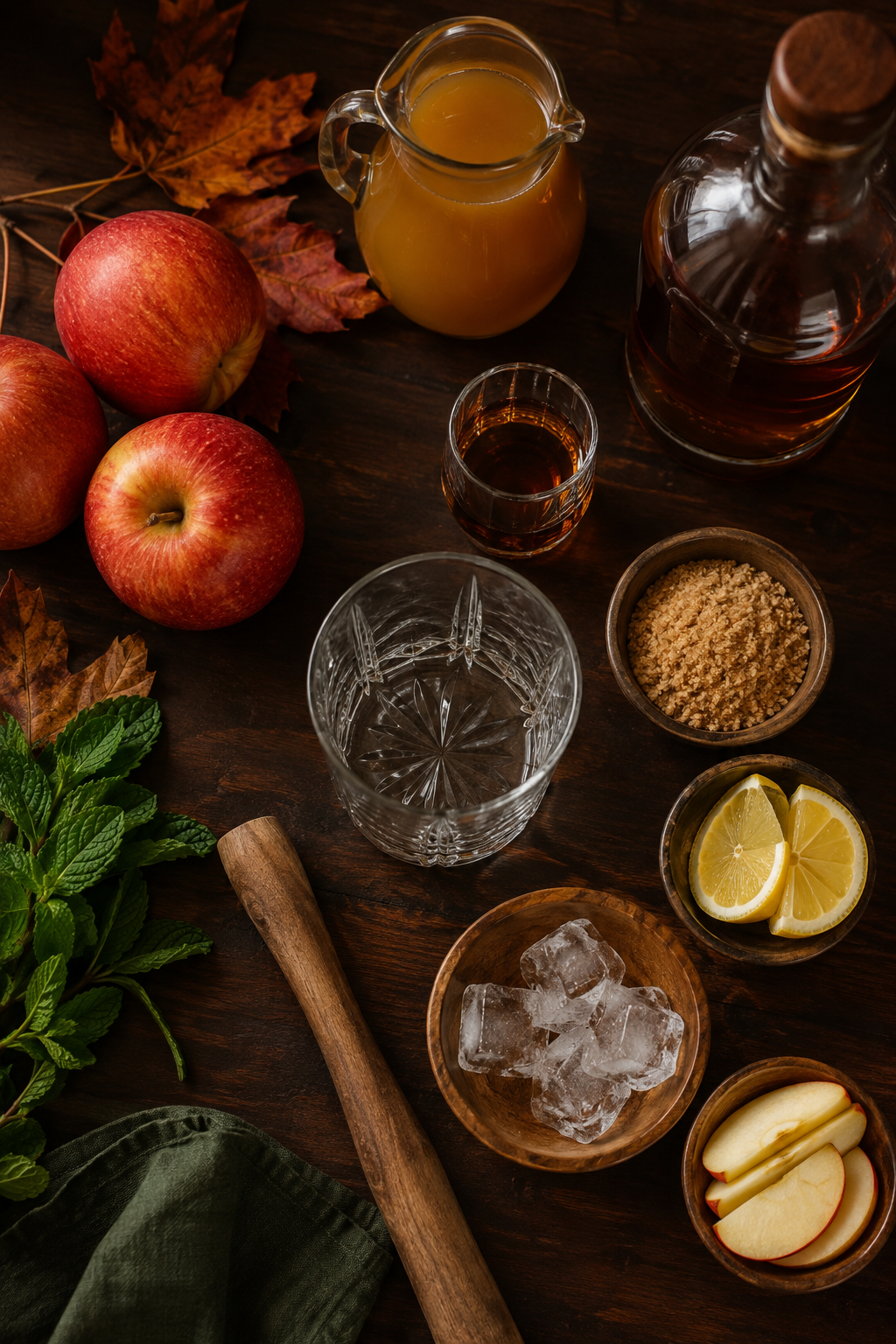 Ingredients measured for apple cider bourbon smash