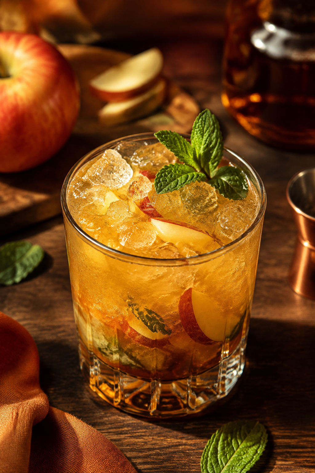 Finished apple cider bourbon smash shown close up