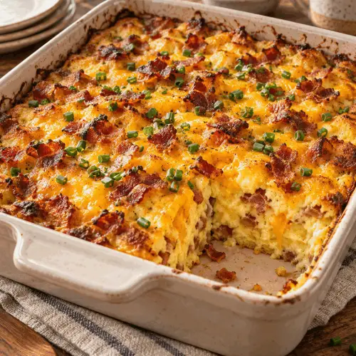 Bacon egg cheese breakfast casserole finished dish