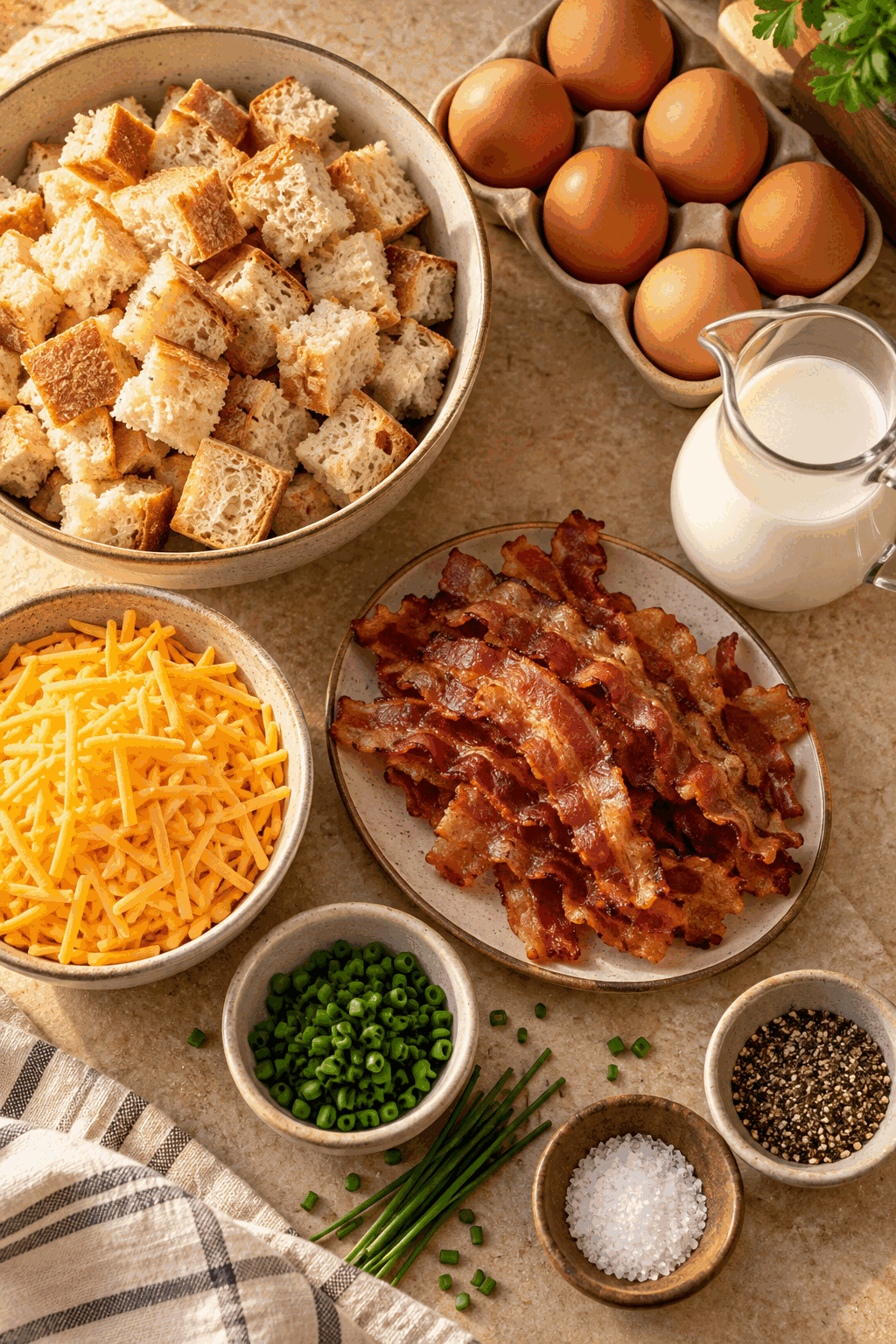 Ingredients for bacon egg cheese breakfast casserole