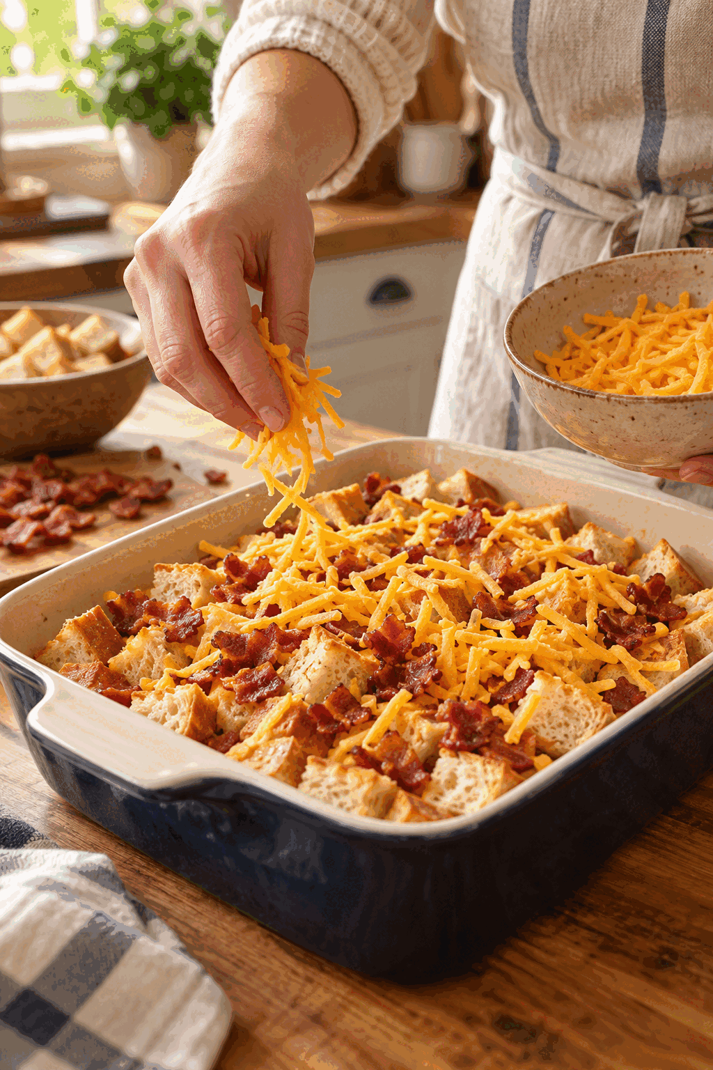Layering the bacon egg cheese breakfast casserole before baking