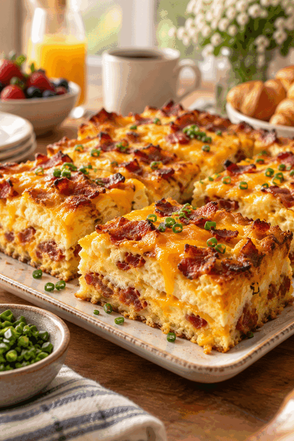 Golden bacon egg cheese breakfast casserole ready to serve