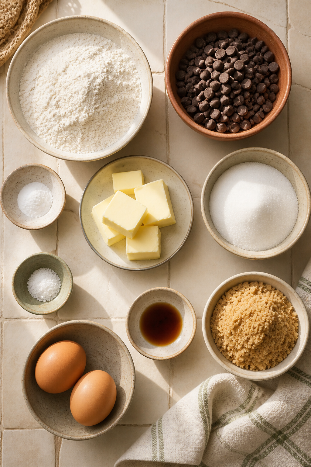 bakery style chocolate chip cookies ingredients measured and arranged
