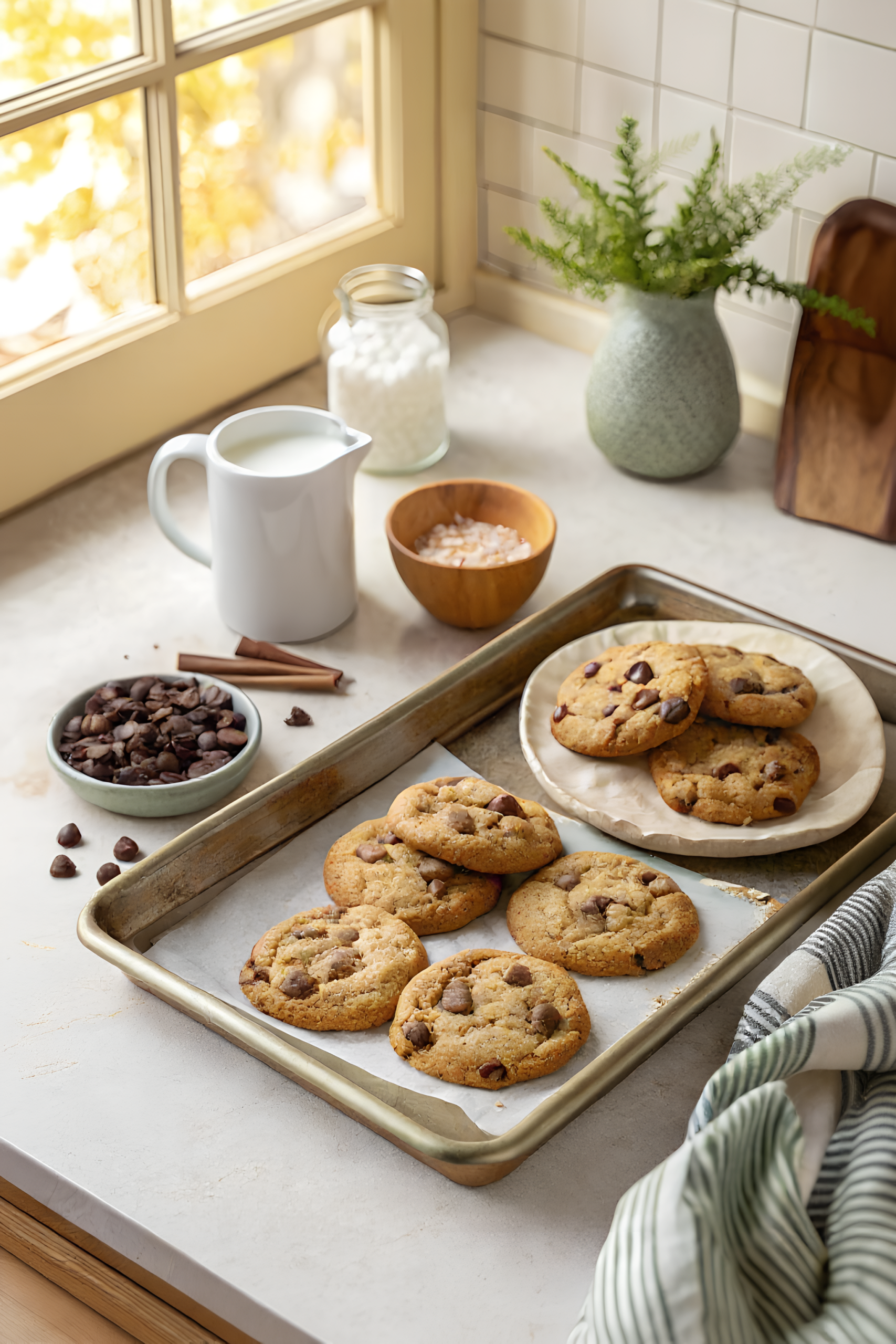 bakery style chocolate chip cookies served and ready to eat