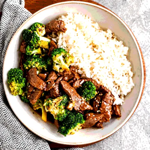 Beef and broccoli stir fry in a bowl