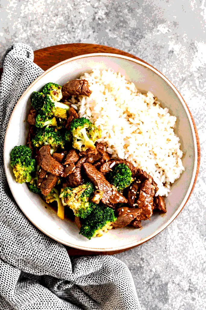 Beef and broccoli stir fry in a bowl