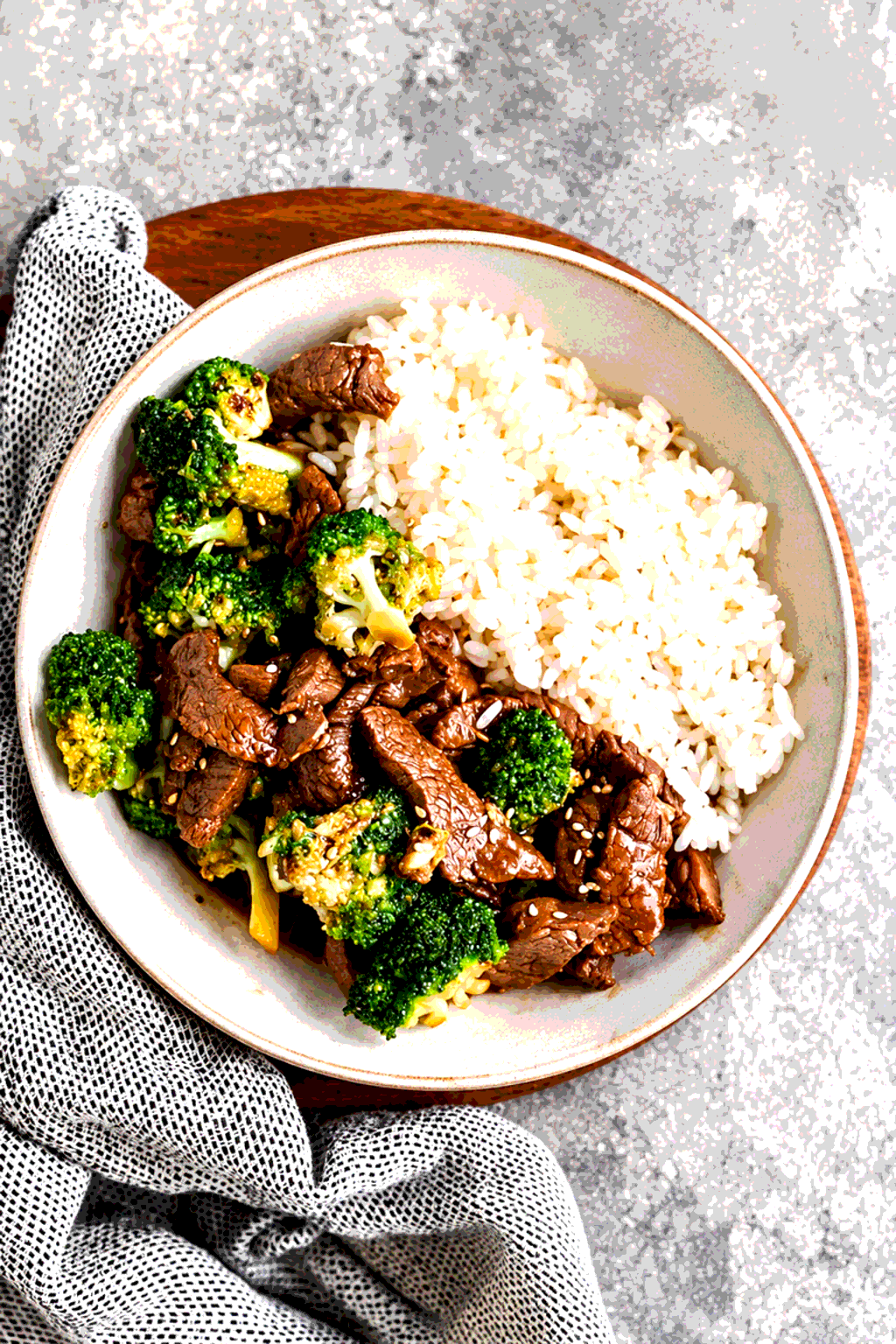 Beef and broccoli stir fry in a bowl