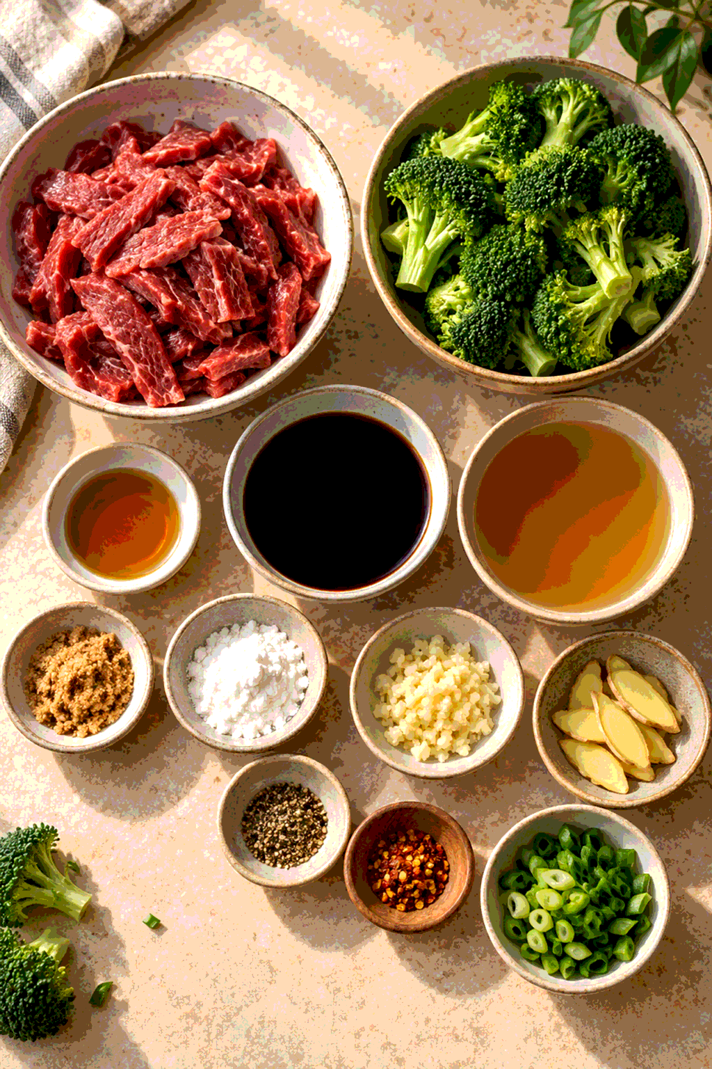 Ingredients for beef and broccoli stir fry