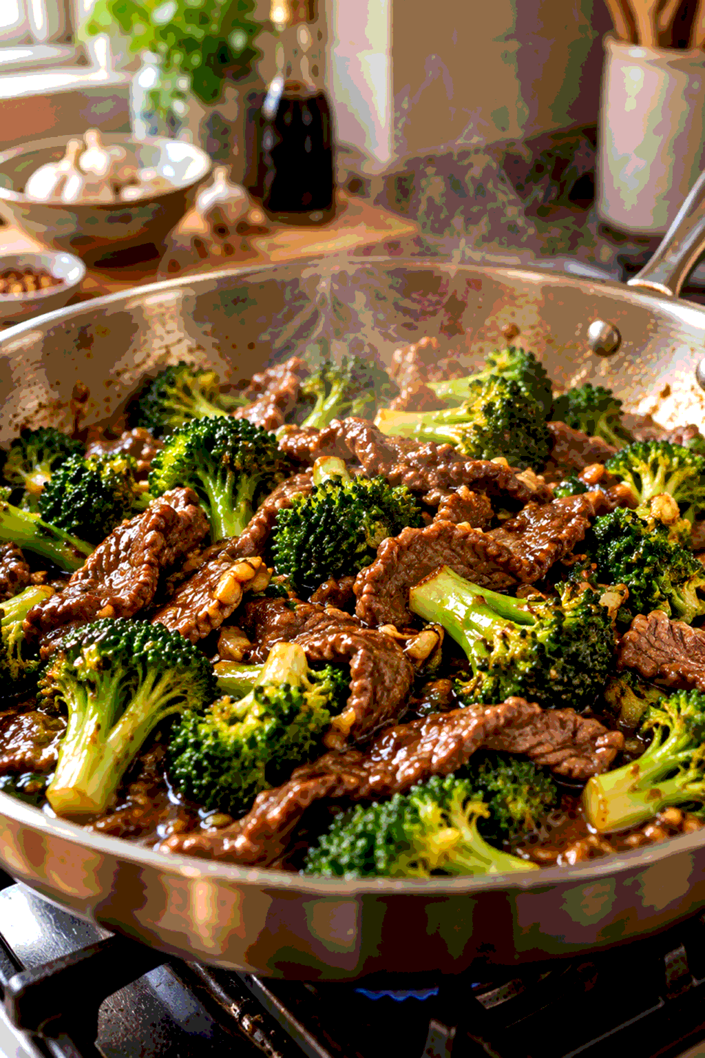 Beef and broccoli stir fry cooking in a skillet