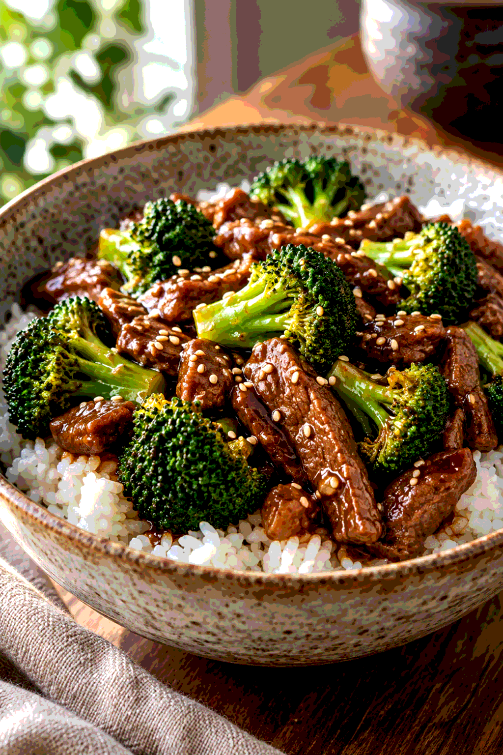 Finished beef and broccoli stir fry served with rice