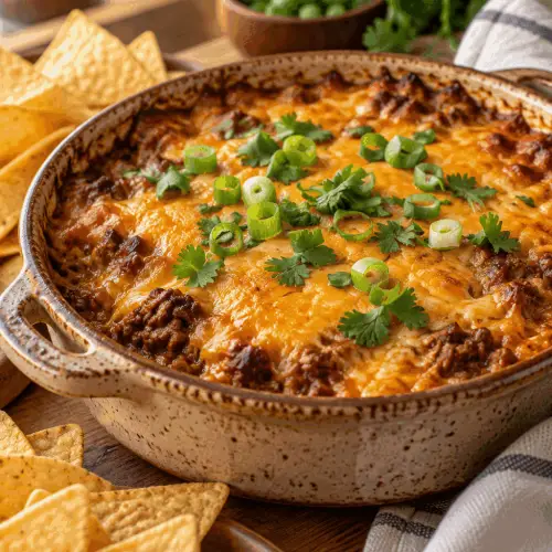 beef enchilada dip with melted cheddar and tortilla chips