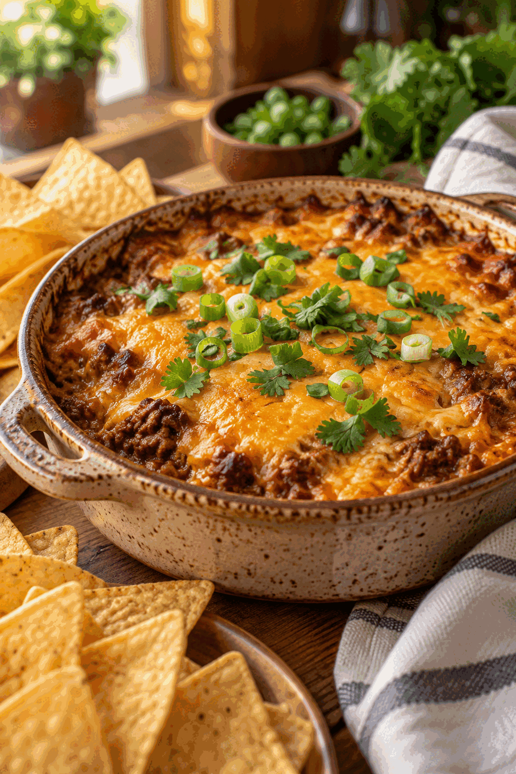 beef enchilada dip with melted cheddar and tortilla chips