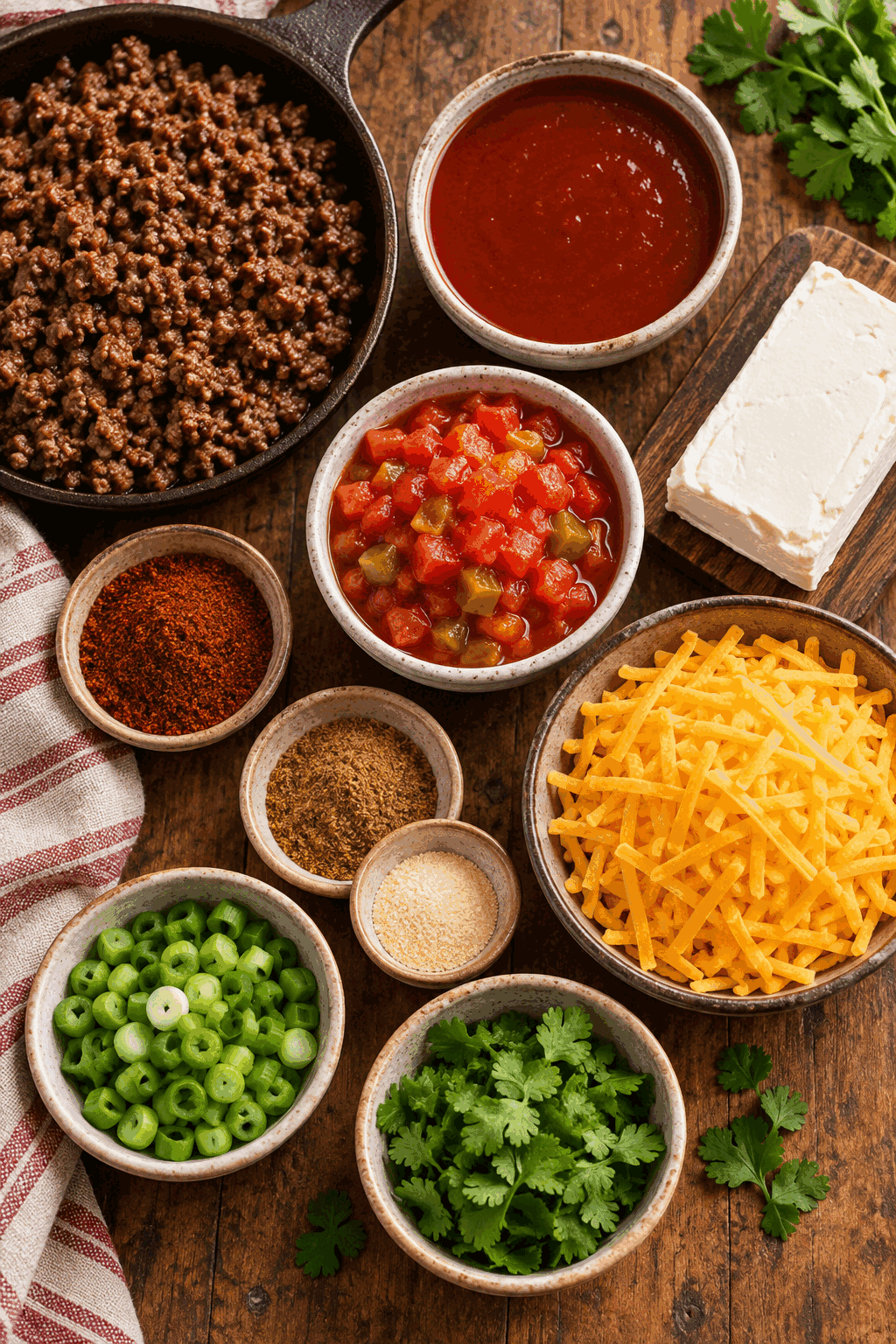 ingredients for beef enchilada dip arranged on a counter