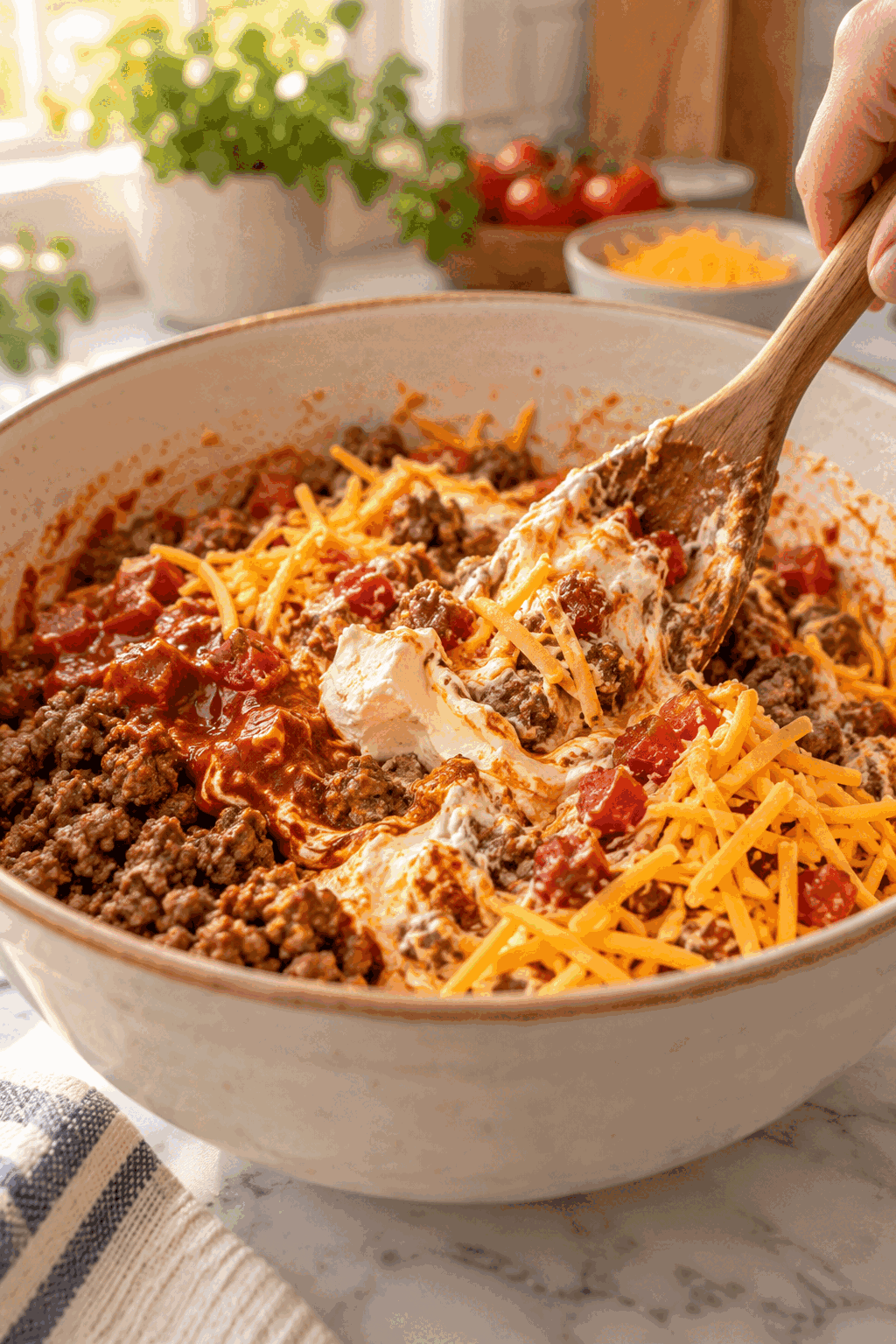 mixing beef enchilada dip before baking