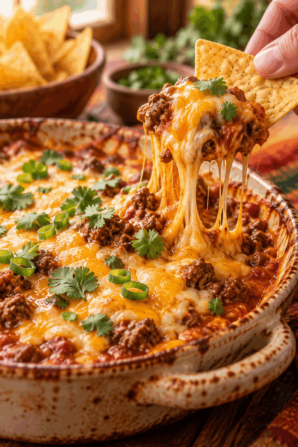 warm beef enchilada dip ready for tortilla chips