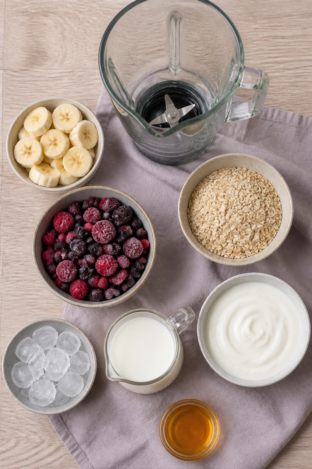 Ingredients for berry oat breakfast smoothie