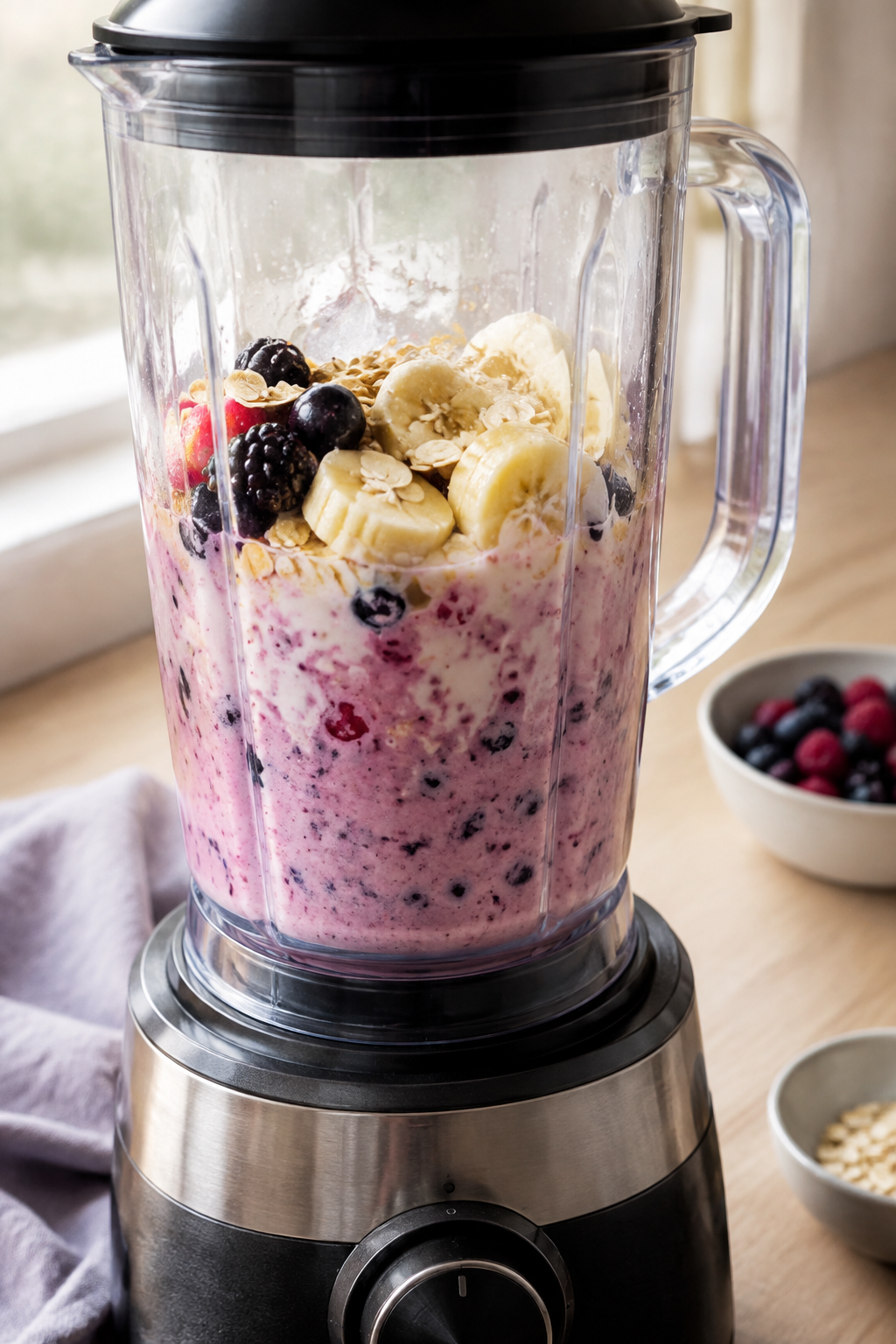 Process step for berry oat breakfast smoothie