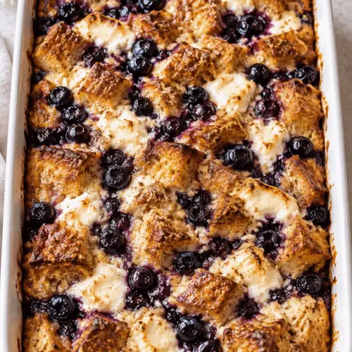 blueberry cream cheese french toast casserole finished dish