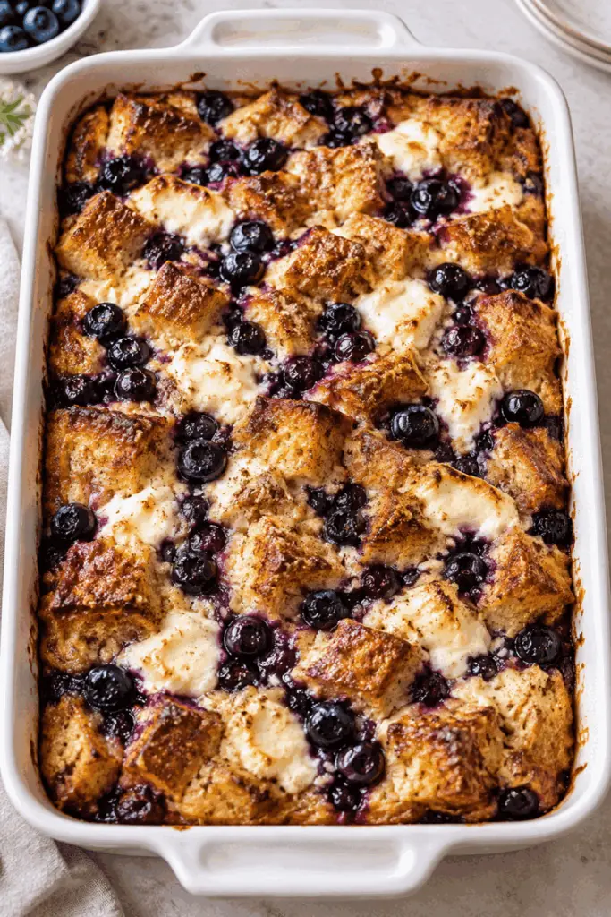 blueberry cream cheese french toast casserole finished dish