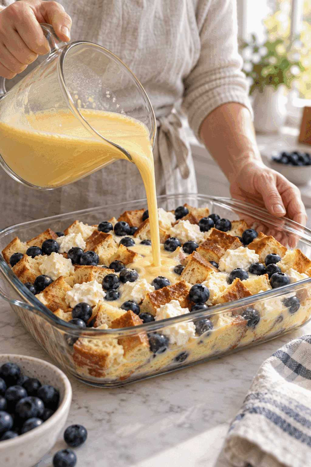 blueberry cream cheese French toast casserole preparation