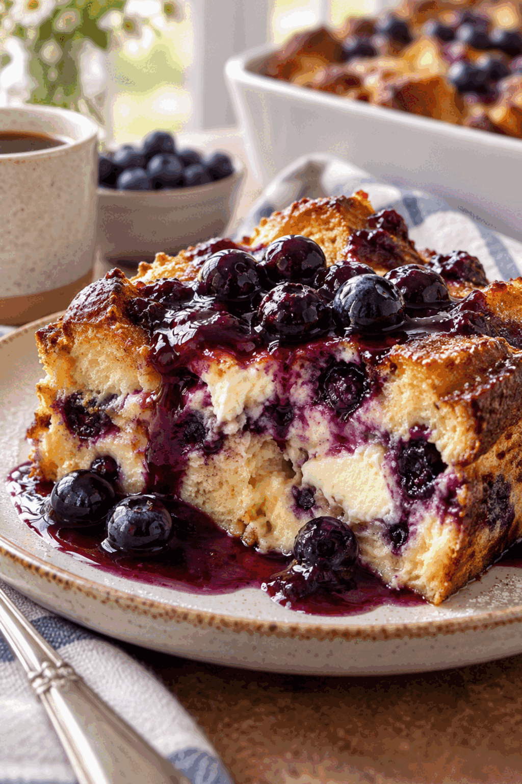 finished blueberry cream cheese French toast casserole with blueberry sauce