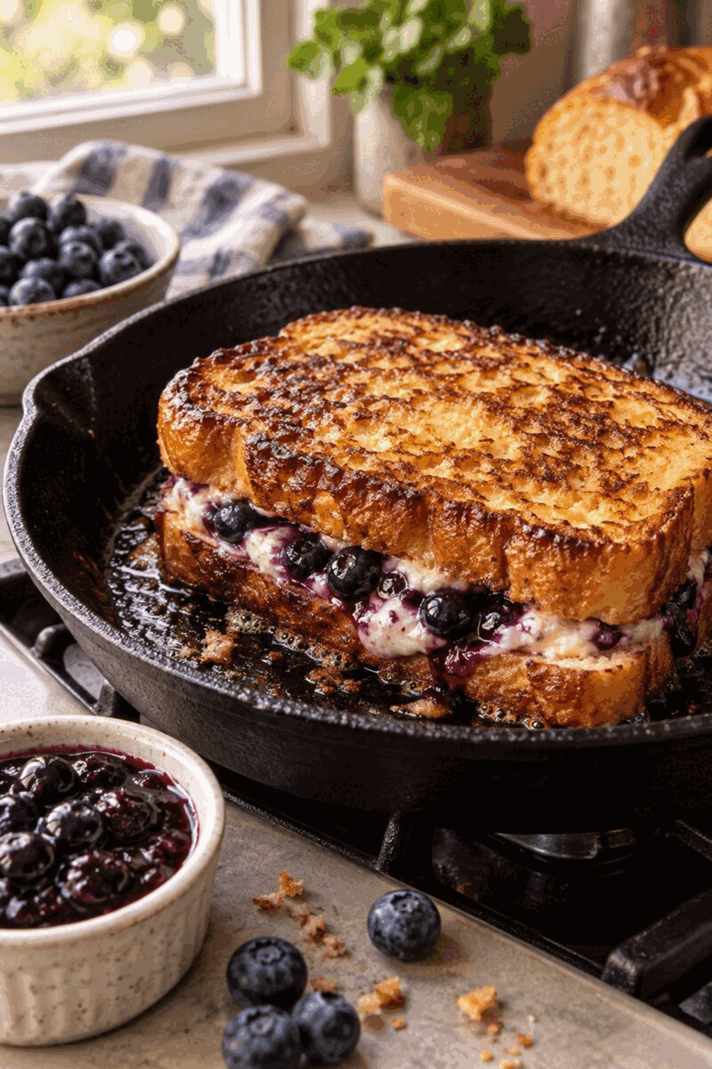 blueberry cream cheese stuffed French toast cooking in a skillet