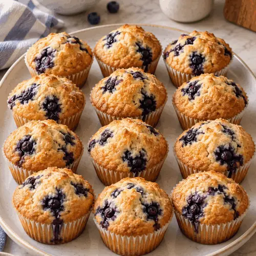 Golden blueberry muffins with juicy berries