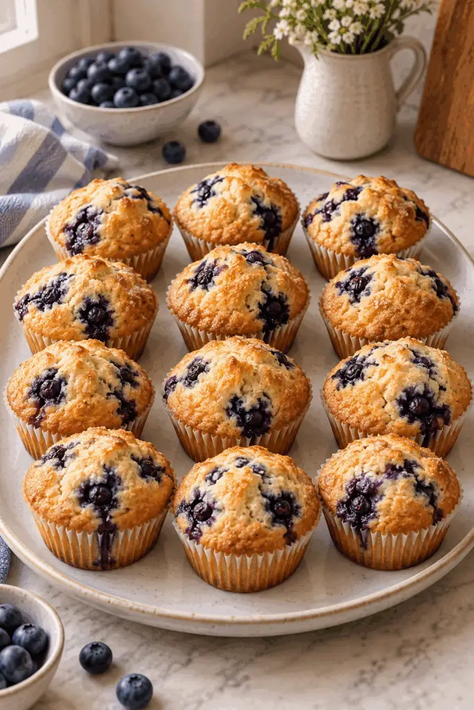 Golden blueberry muffins with juicy berries