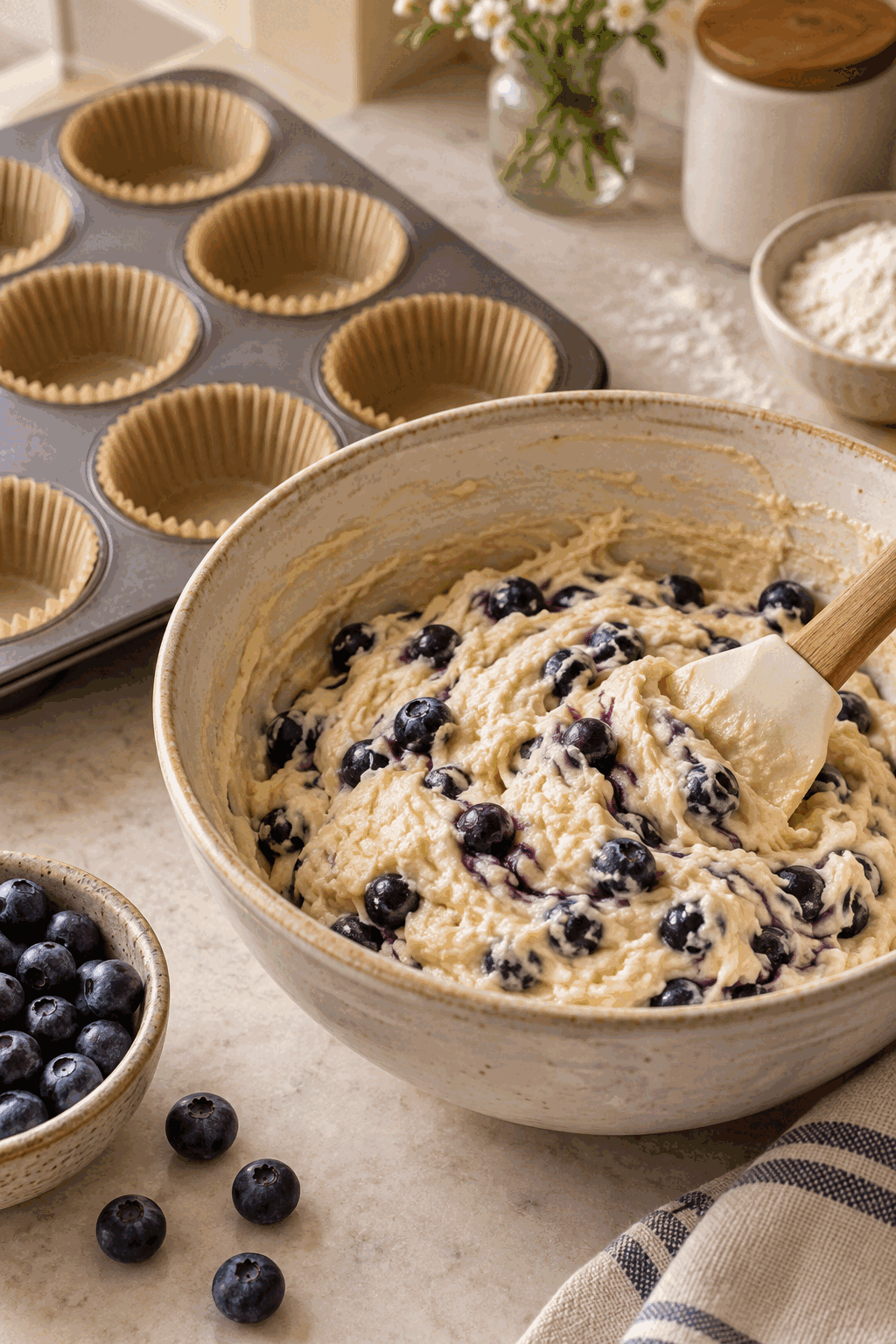 Blueberry muffin batter folded with berries