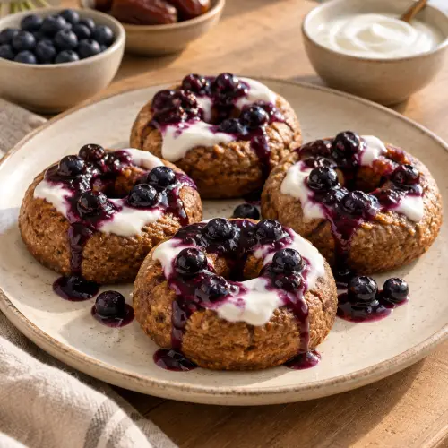 Breakfast doughnuts with blueberries and yoghurt